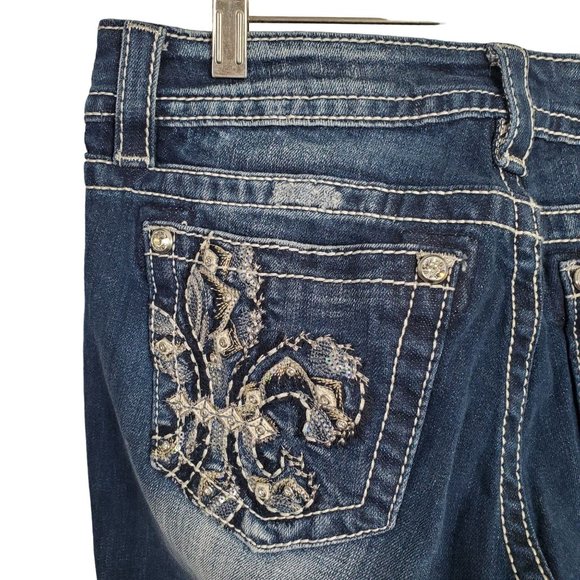 Miss Me Womens Size 30 Jeans Fleur De Lis Flower Embellished Stretch Boot 33x32 - Picture 15 of 15